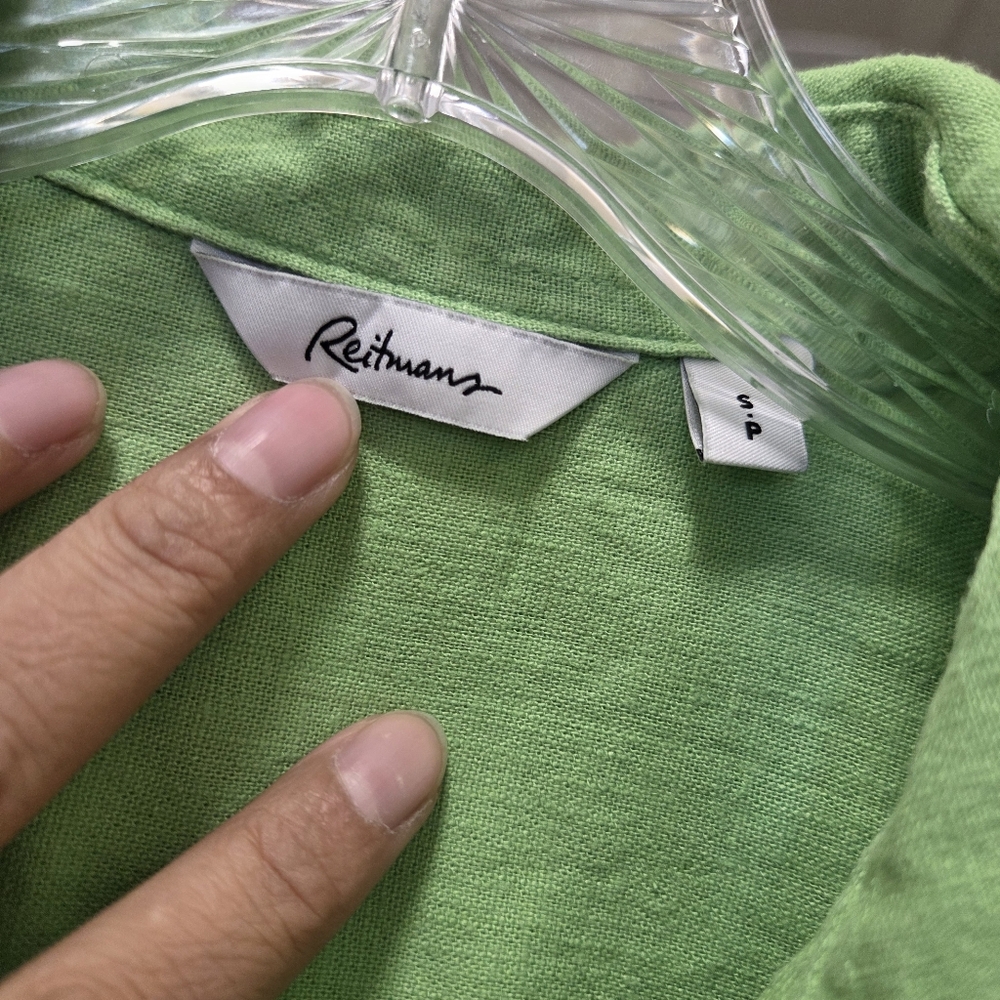 Reitmans Green Linen Blend Button Front Top Short Sleeve Collared Blouse - Picture 4 of 6